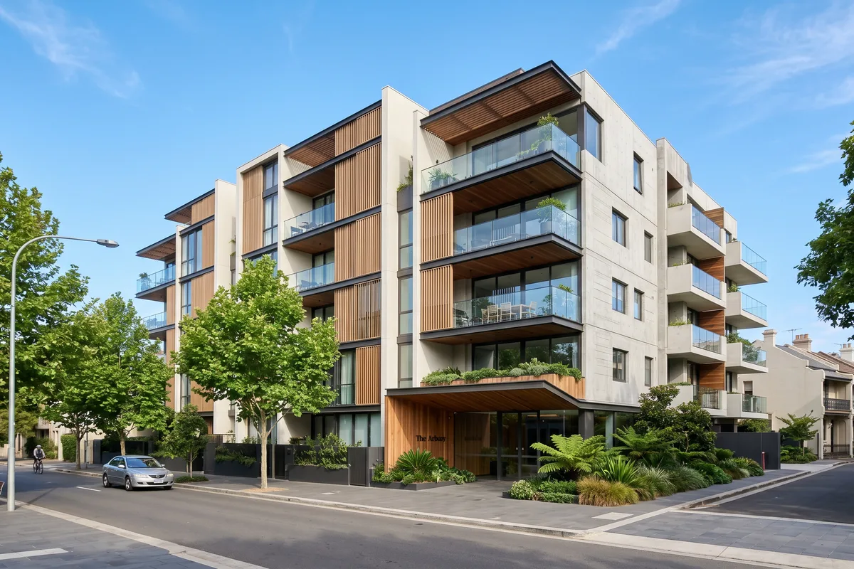 Floor plans and a Sydney apartment development under construction