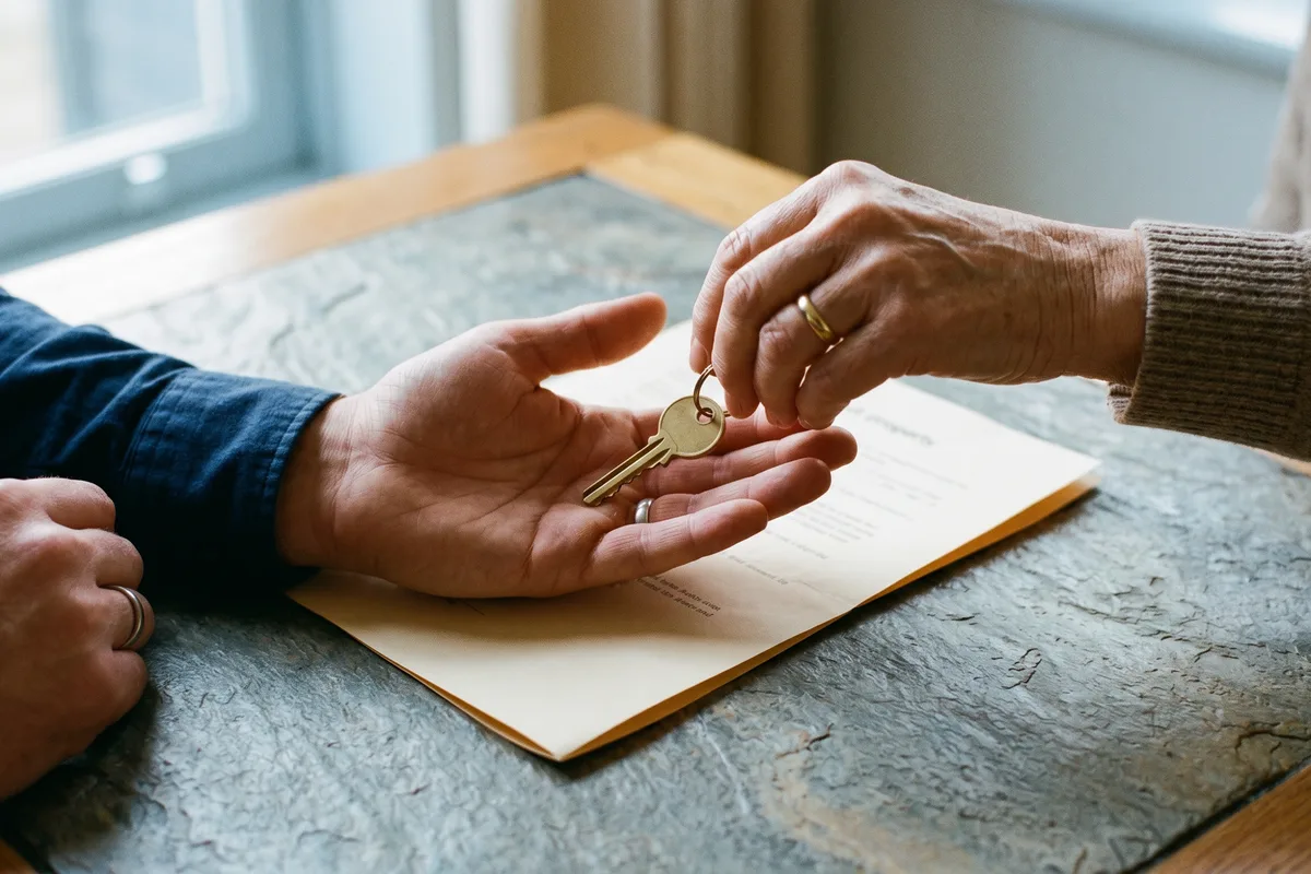 A house key and title document exchanged in a property transfer